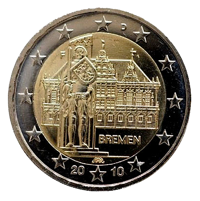 2 euros conmemorativa Estado de Bremen, Ayuntamiento de Bremen y estatua de Roldán